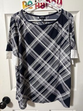 Jones New York Navy & White Plaid Short Sleeve Tunic